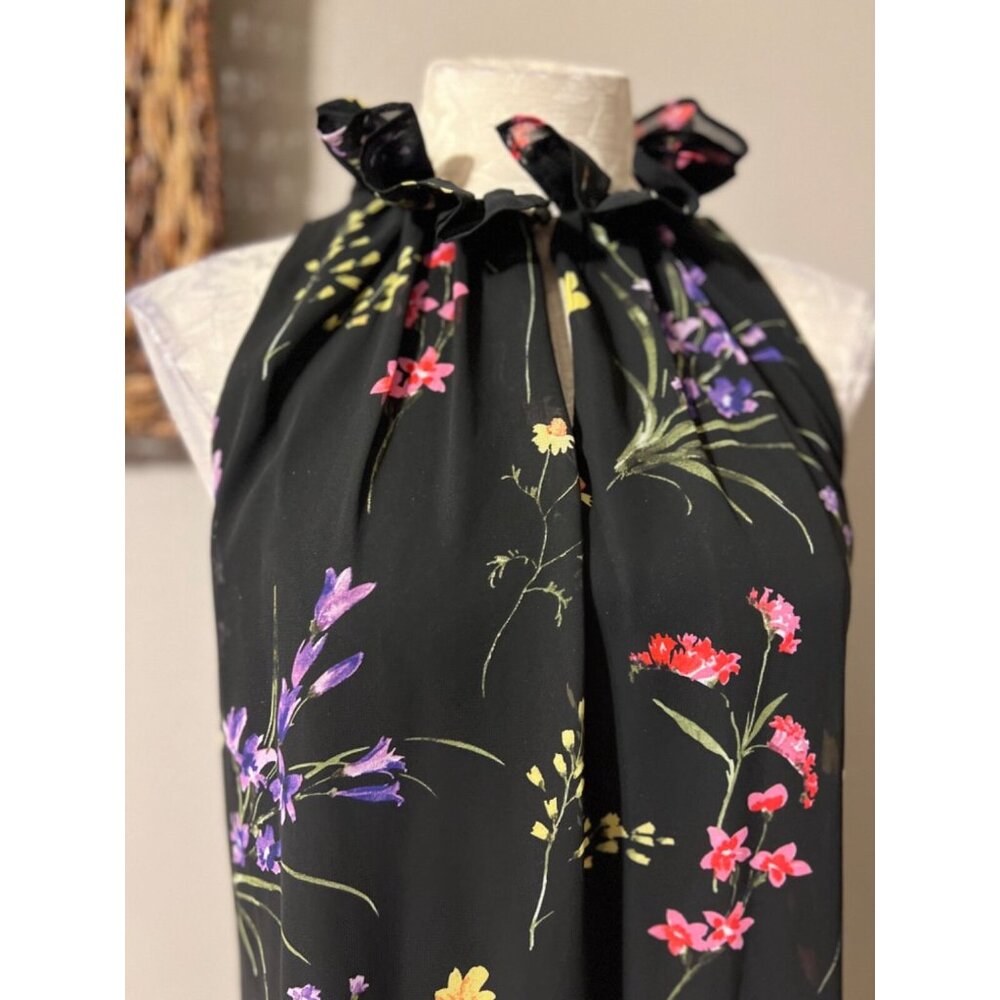 Tahari Dress 10 Black Multi Floral Ruffle Neck Shift Flowy Sleeveless Summer - Picture 3 of 8